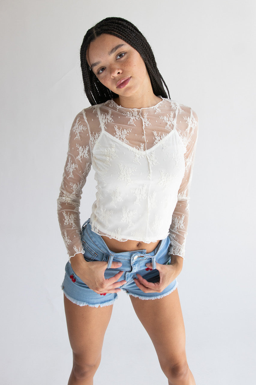 Long Sleeve Mesh Lace Top With Cami