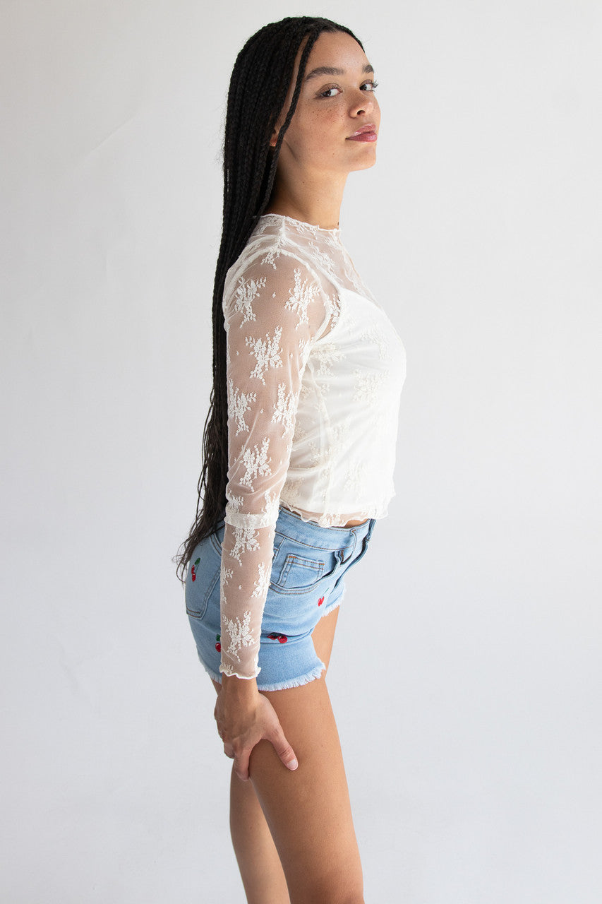Long Sleeve Mesh Lace Top With Cami