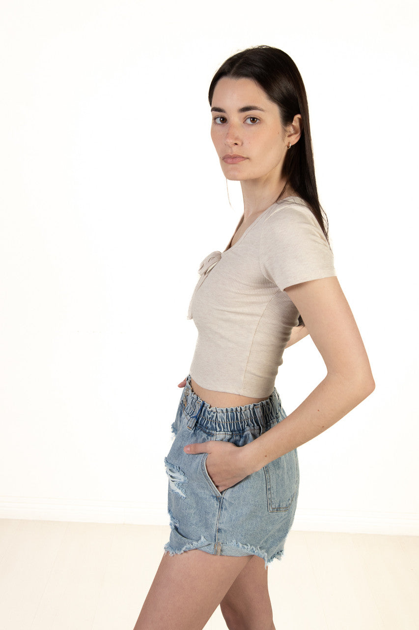 Elastic Waist Distressed Denim Shorts