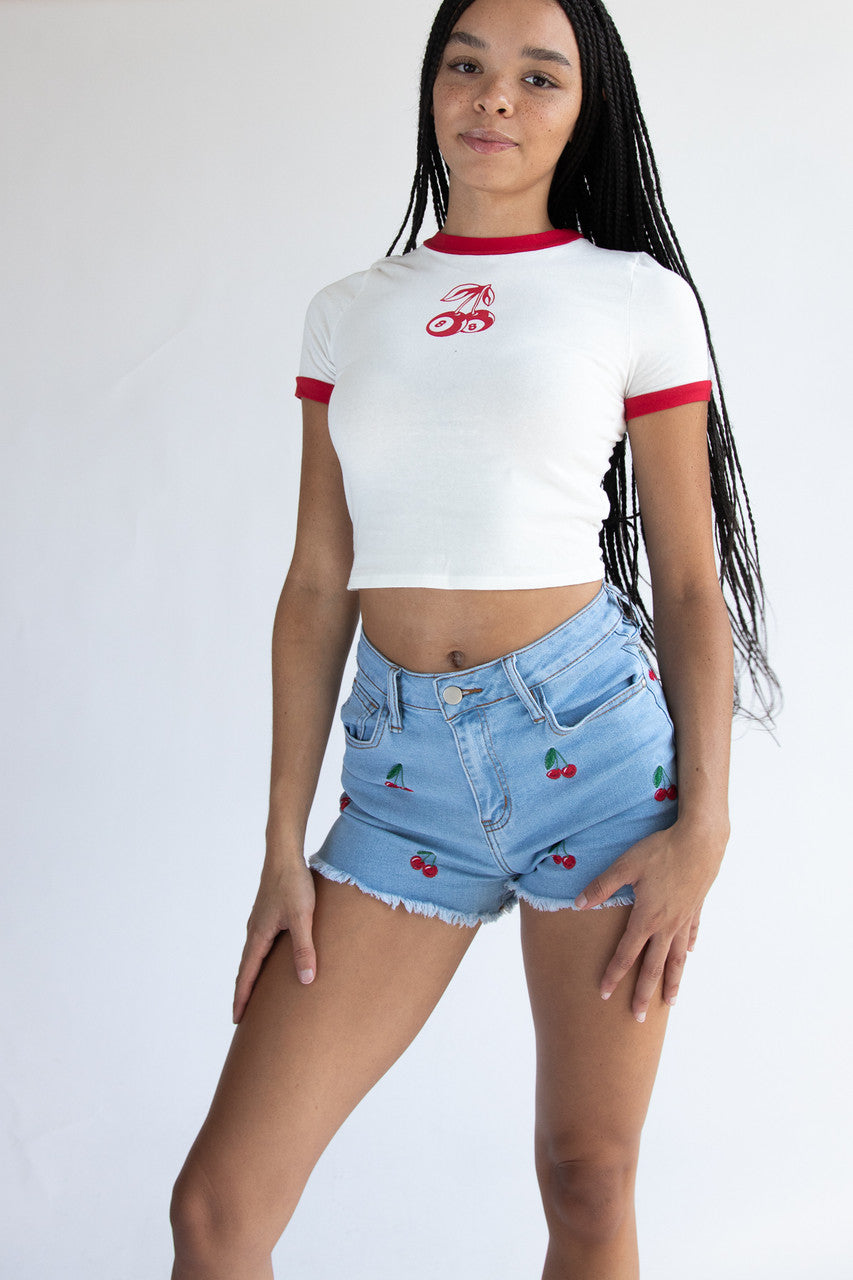 Embroidered Cherry Cut Offs