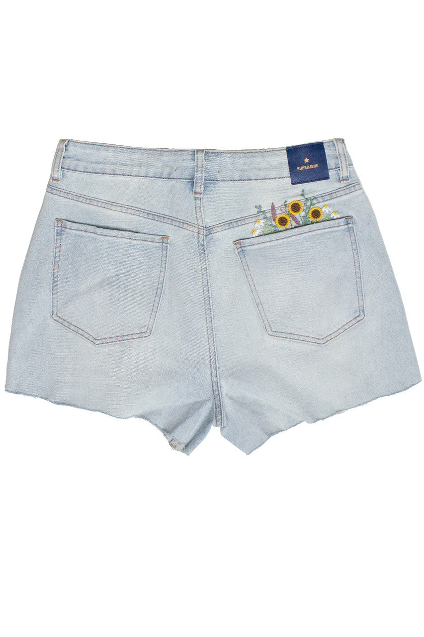 Embroidered Flowers Cut Off Denim Shorts - Light - Back