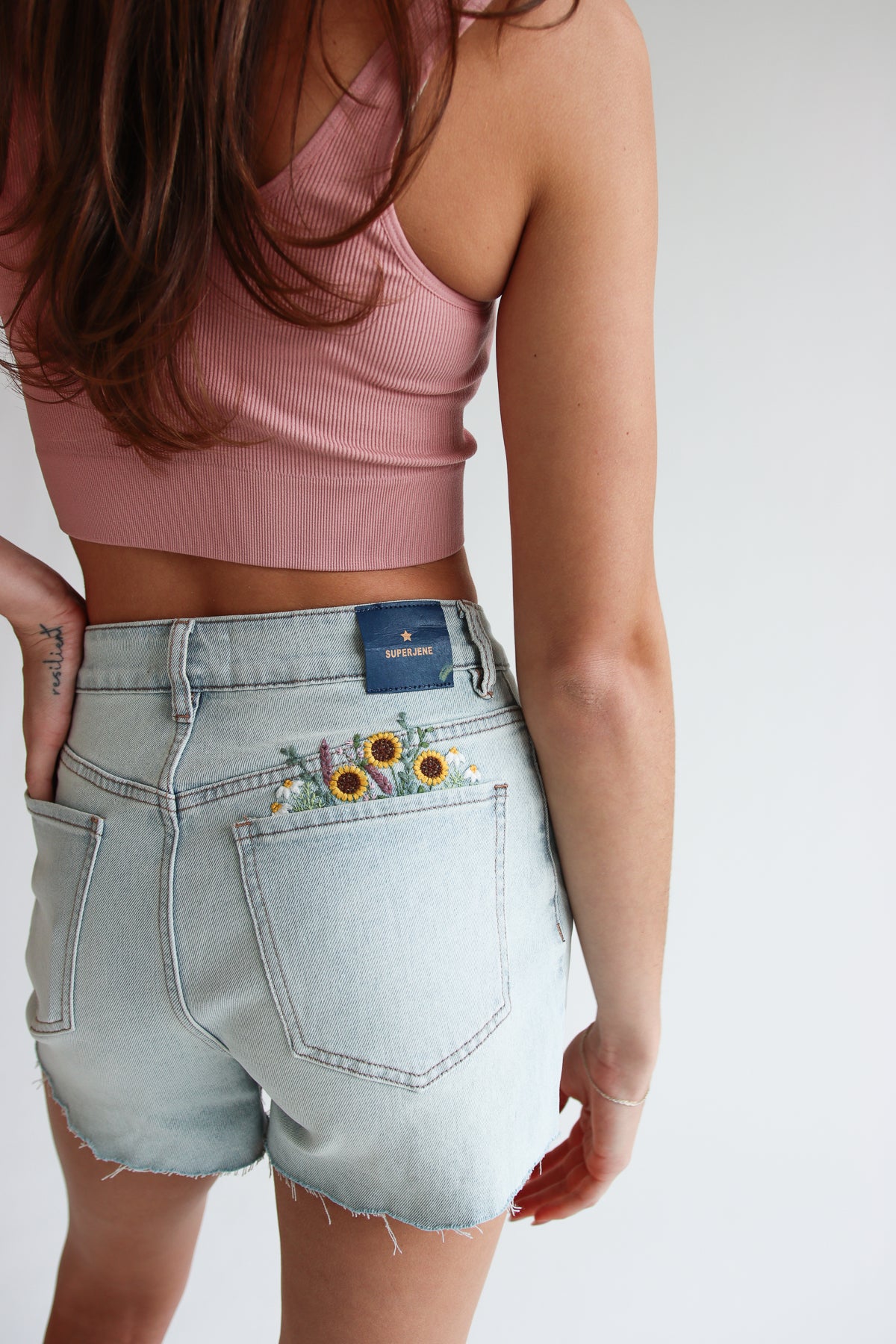 Embroidered Flowers Cut Off Denim Shorts - Light