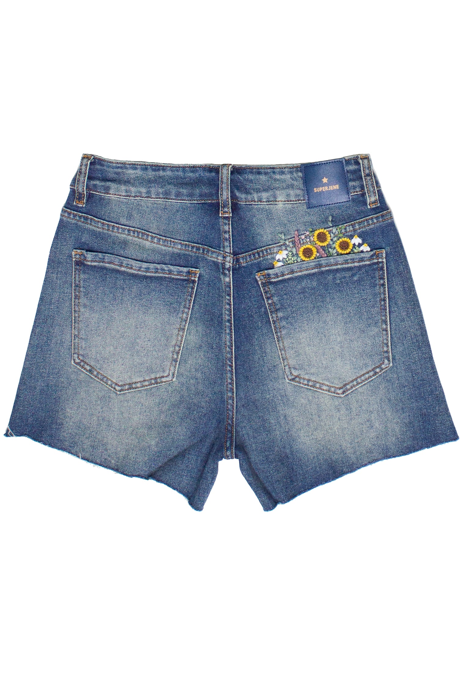 Embroidered Flowers Cut Off Denim Shorts - Medium - Back