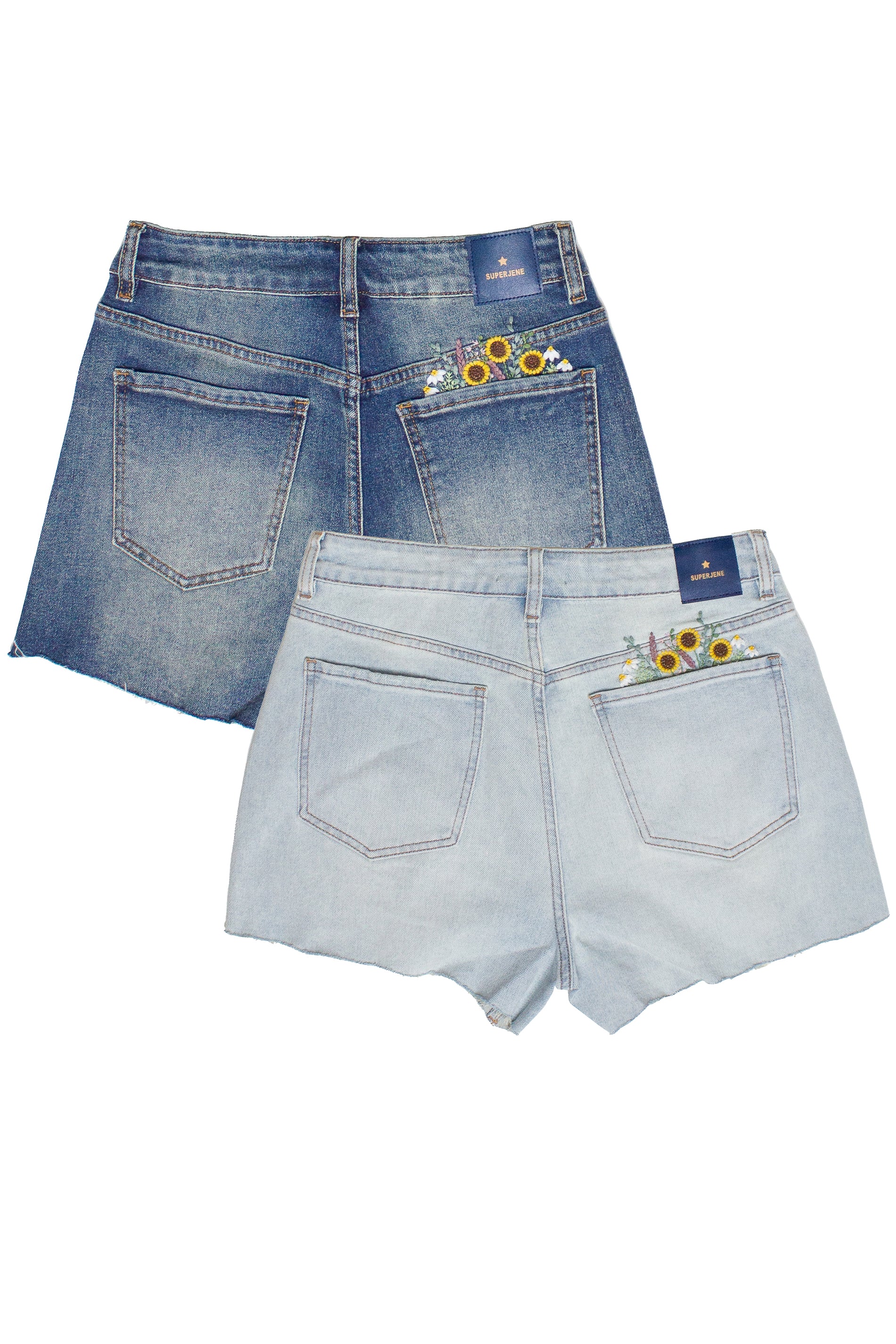 Embroidered Flowers Cut Off Denim Shorts - Backs