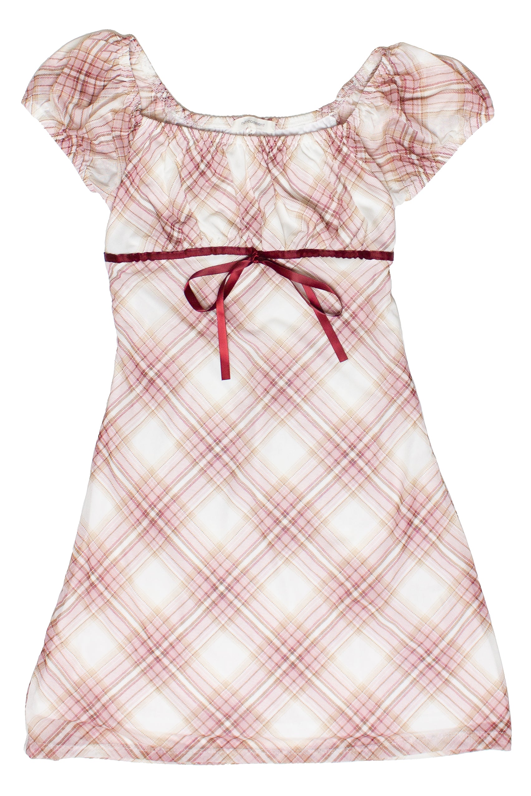 Plaid Mesh Ribbon Empire Waist Mini Dress