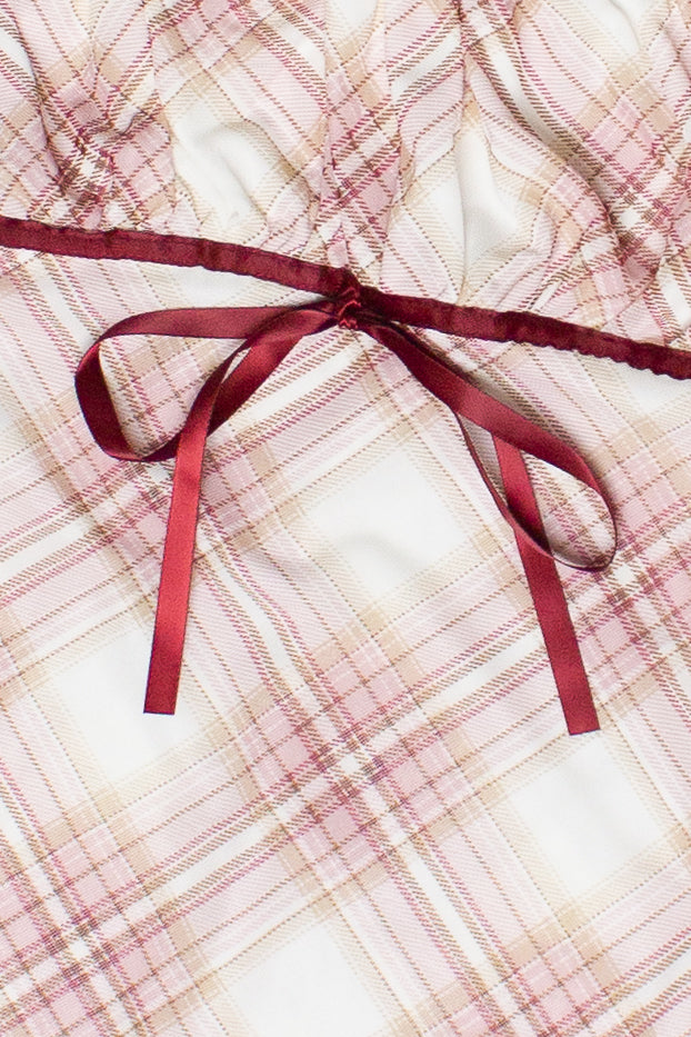 Plaid Mesh Ribbon Empire Waist Mini Dress