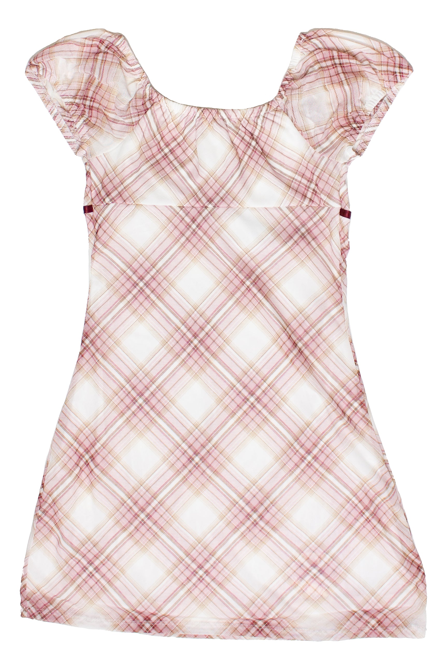 Plaid Mesh Ribbon Empire Waist Mini Dress
