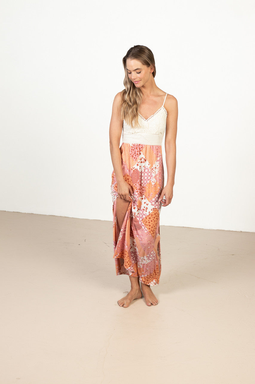 Crochet Top Floral Patchwork Maxi Dress