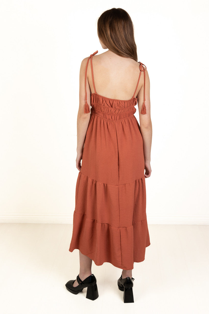 Rust Elastic Empire Waist Maxi Dress