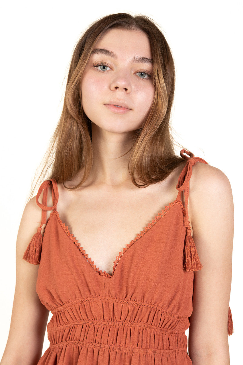 Rust Elastic Empire Waist Maxi Dress