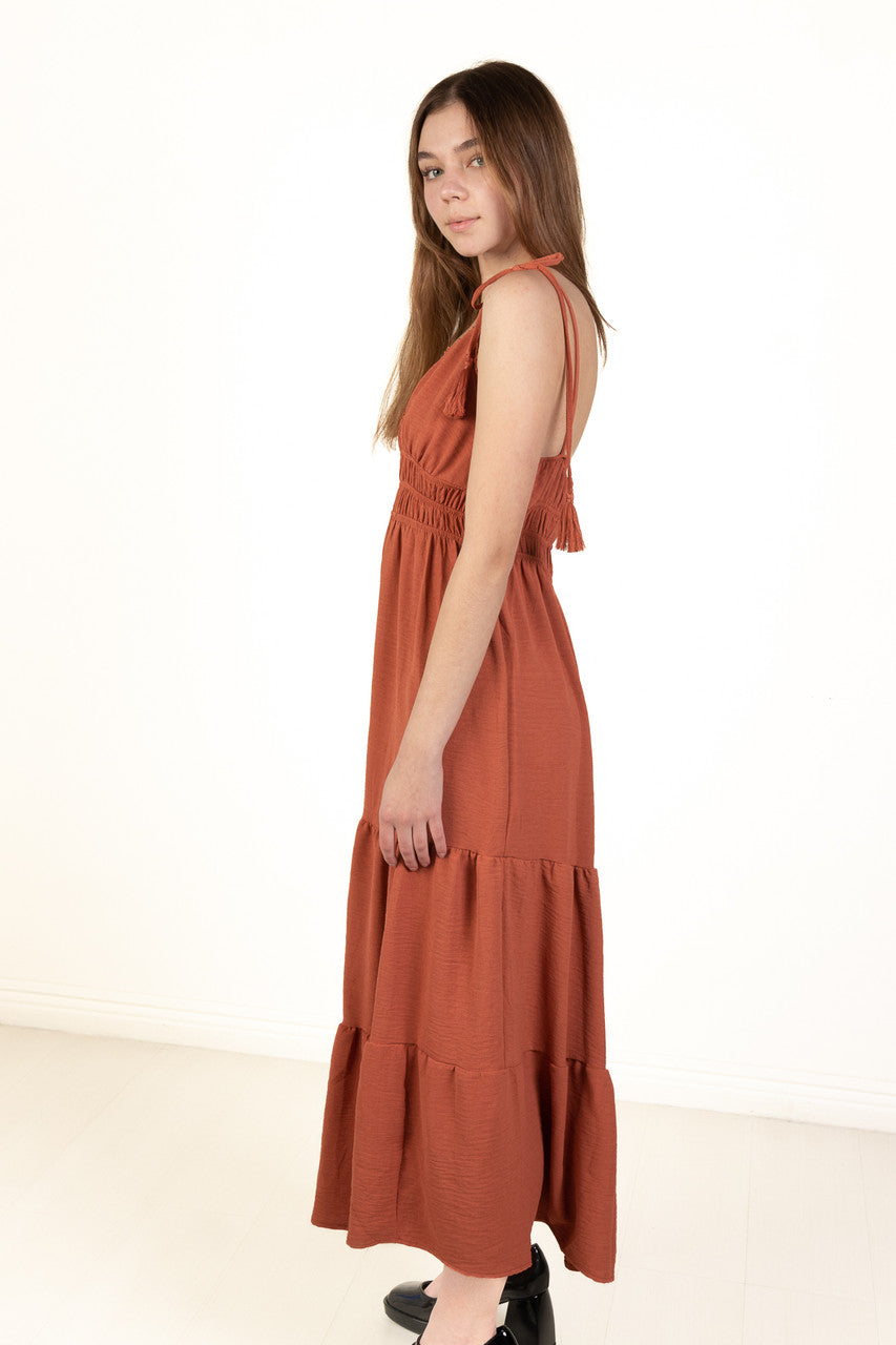 Rust Elastic Empire Waist Maxi Dress