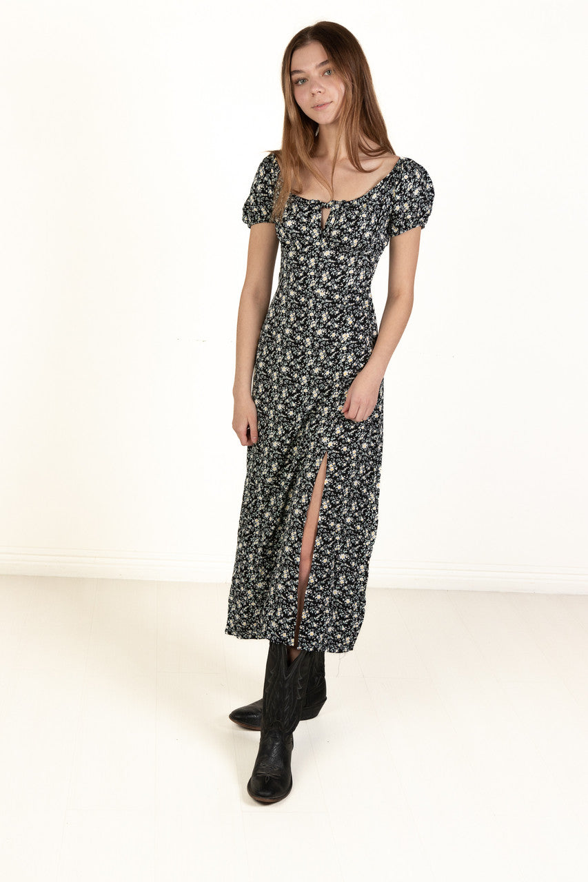 Black Daisy Puff Sleeve Maxi Dress