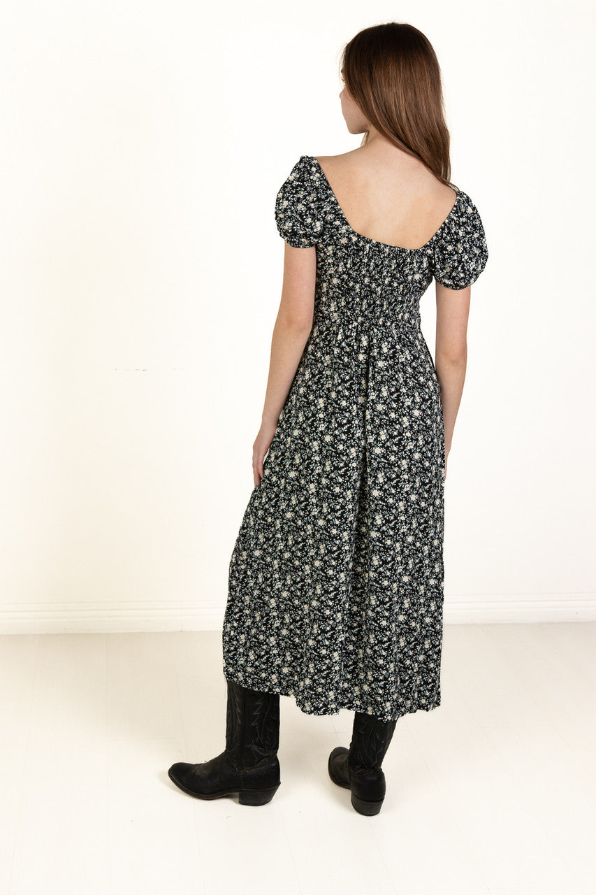 Black Daisy Puff Sleeve Maxi Dress