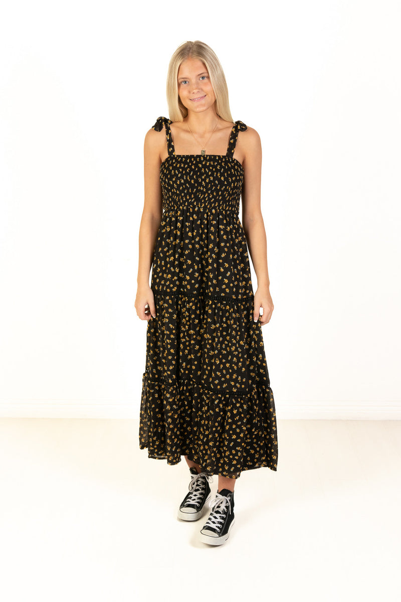 Black & Gold Floral Lace Trim Tiered Maxi Dress S Black & Gold Floral Lace Trim Tiered Maxi Dress S