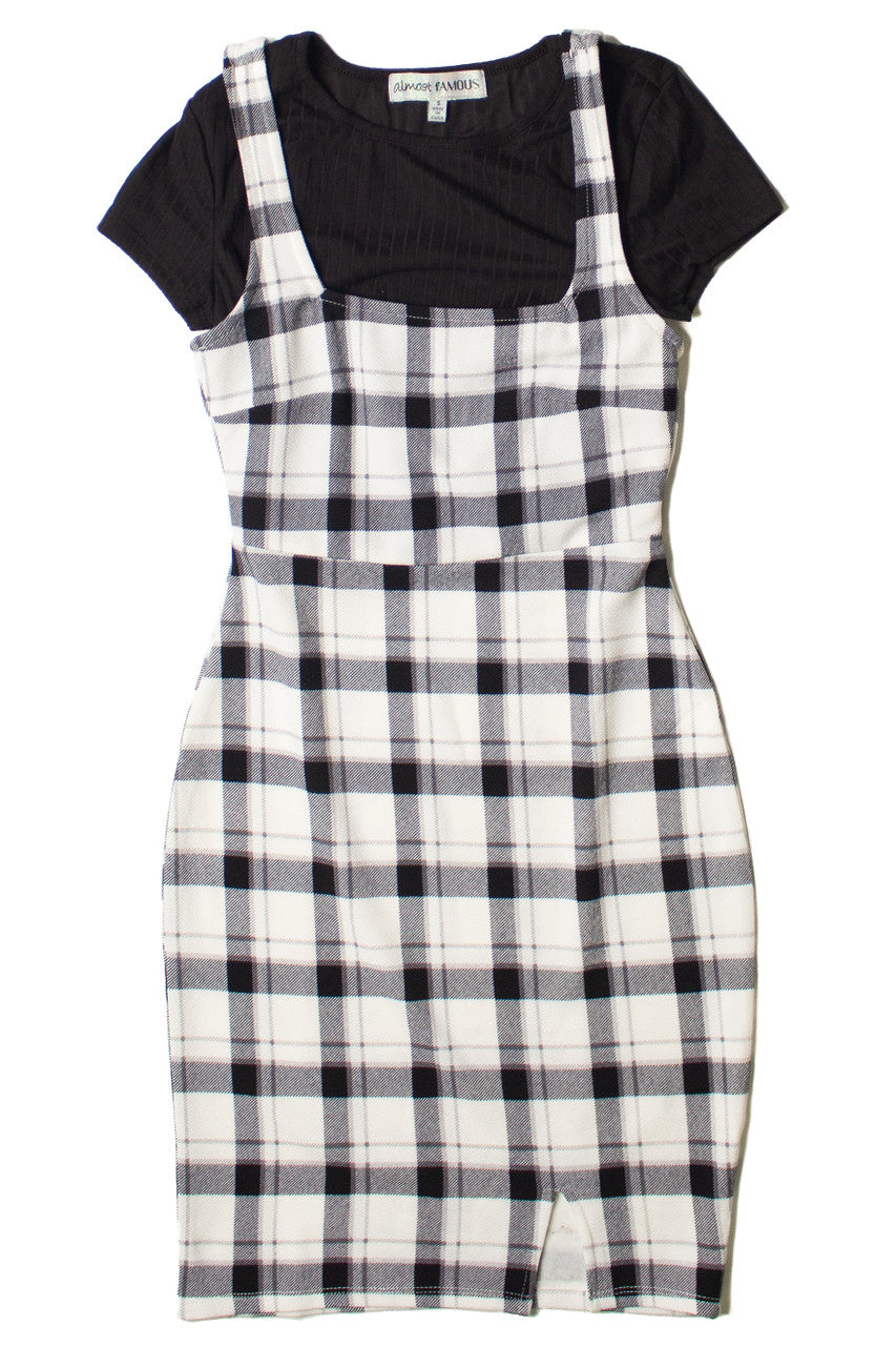 2 Piece Black Plaid Mini Dress With Tee