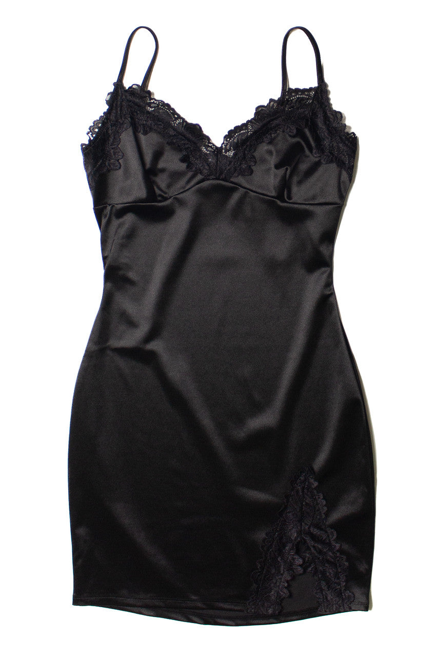 Black Lace Trim Satin Slip Dress