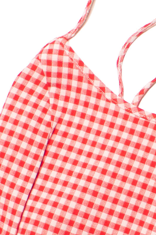 Red Gingham Lace Up Back Mini Dress