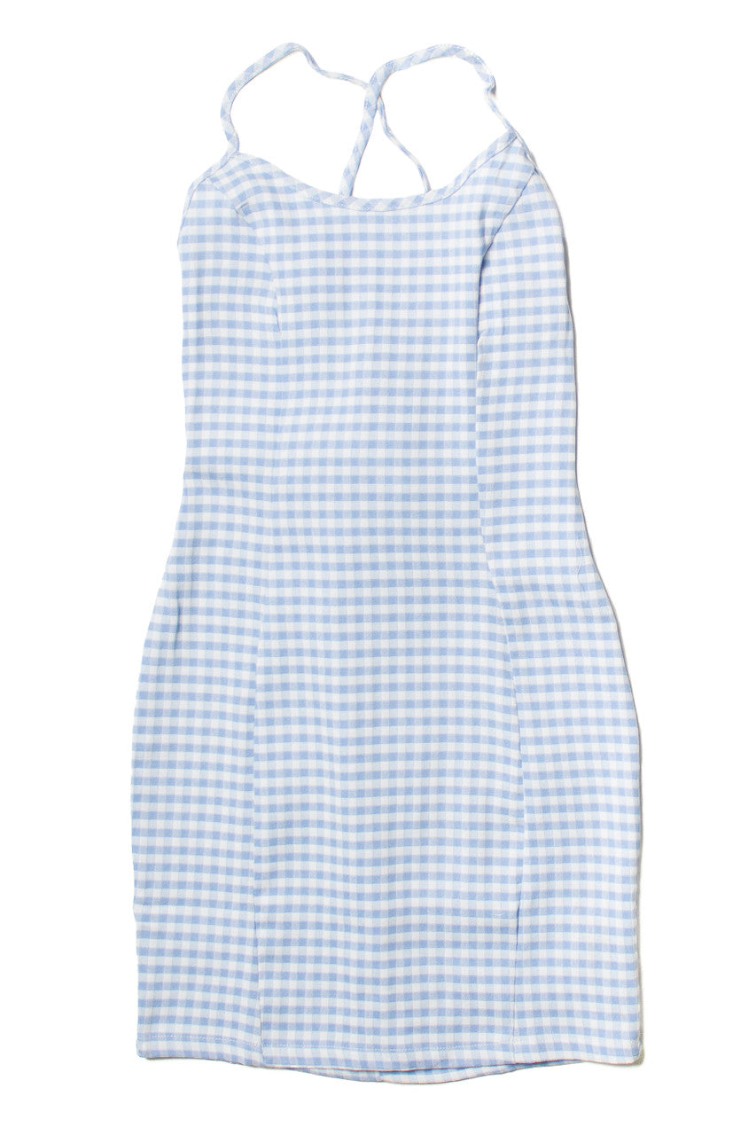 Blue Gingham Lace Up Back Mini Dress