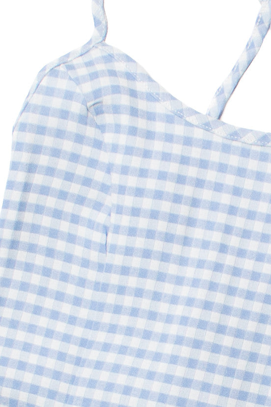 Blue Gingham Lace Up Back Mini Dress