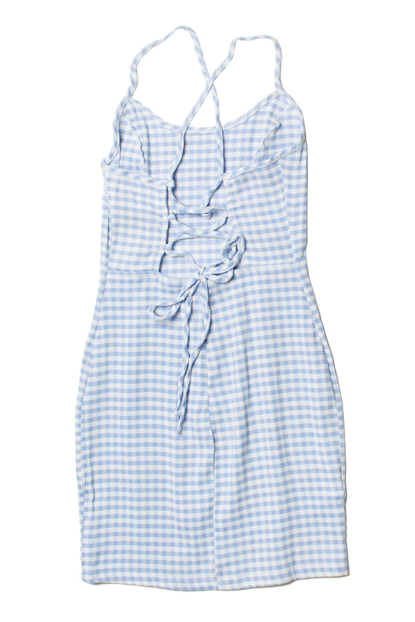 Blue Gingham Lace Up Back Mini Dress