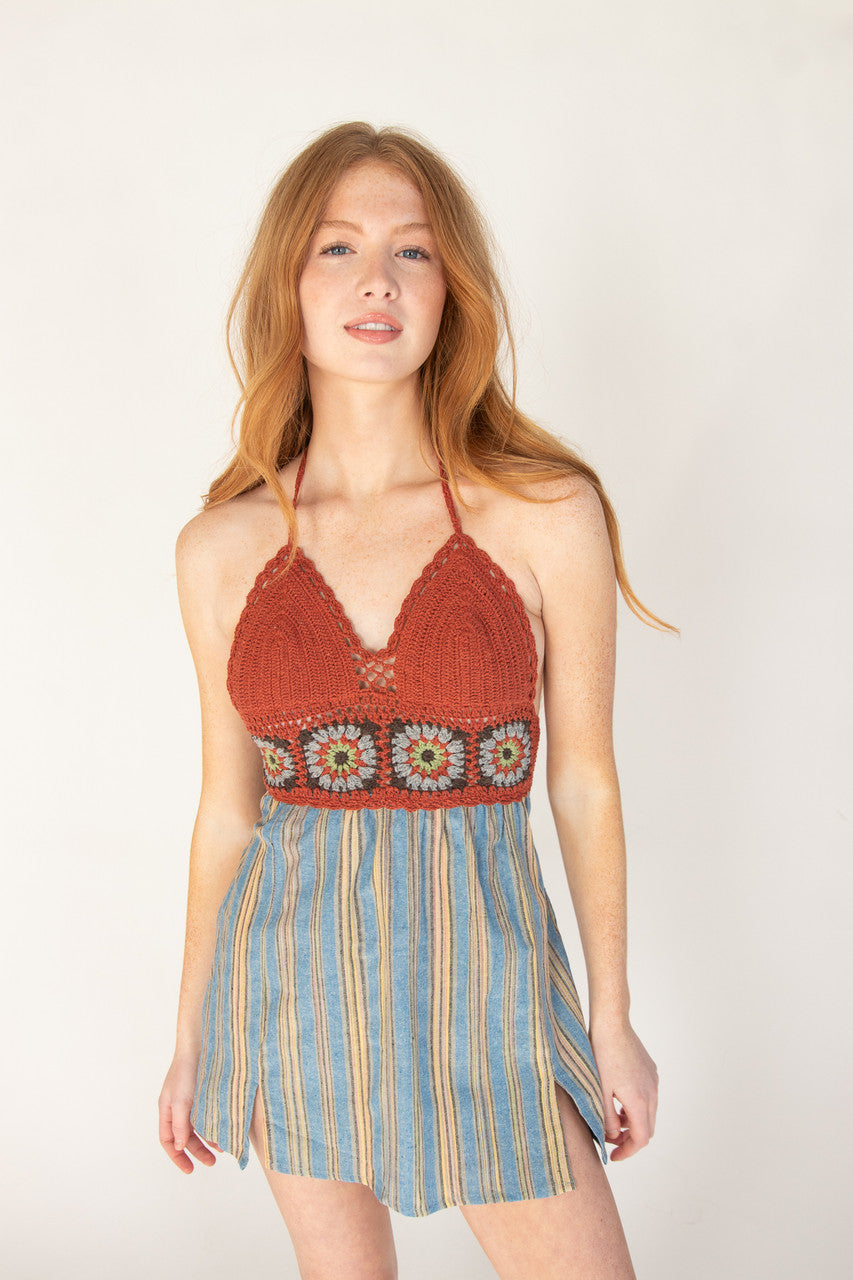 Crochet Top Striped Skirt Mini Dress