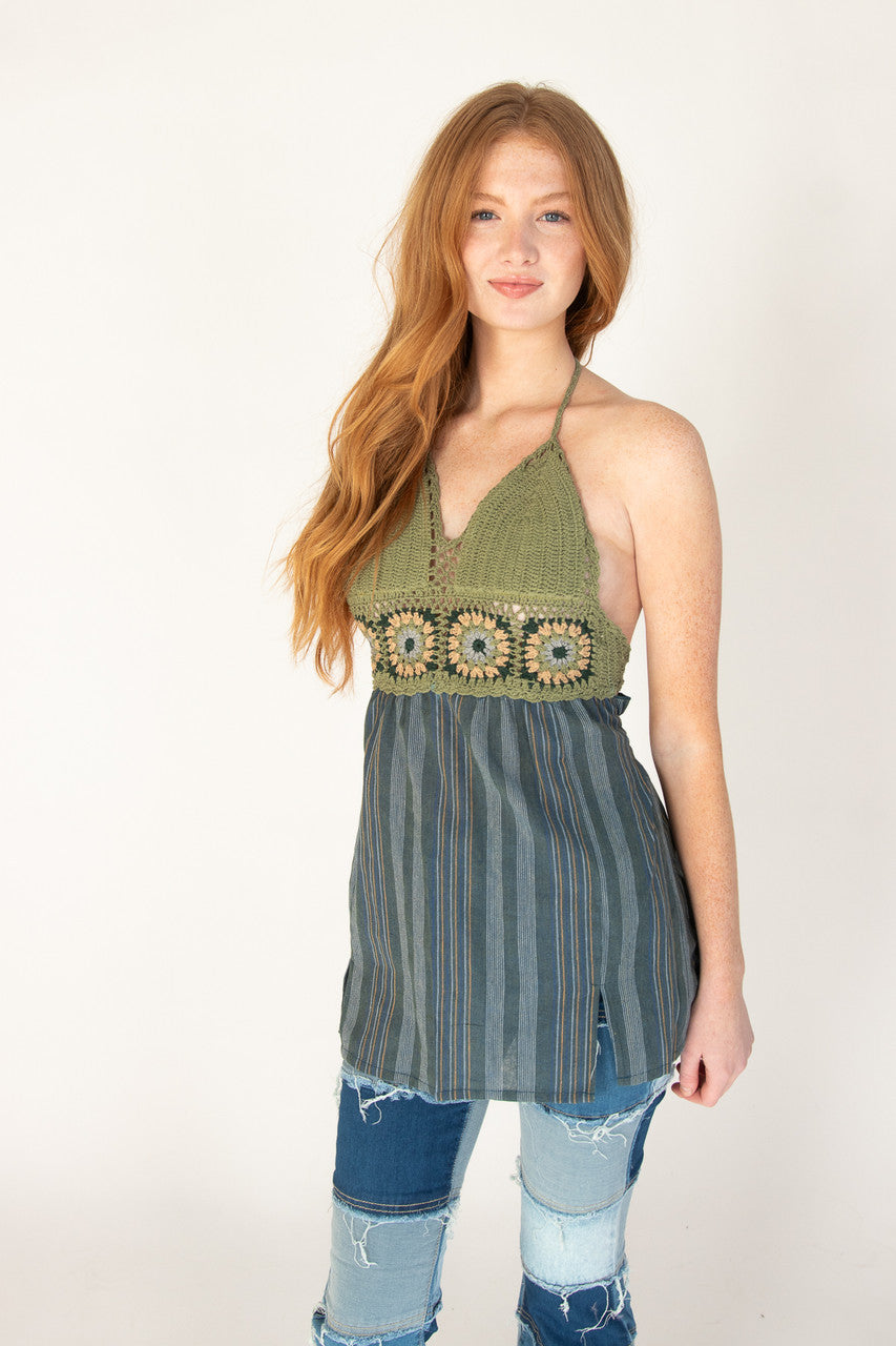 Crochet Top Striped Skirt Mini Dress