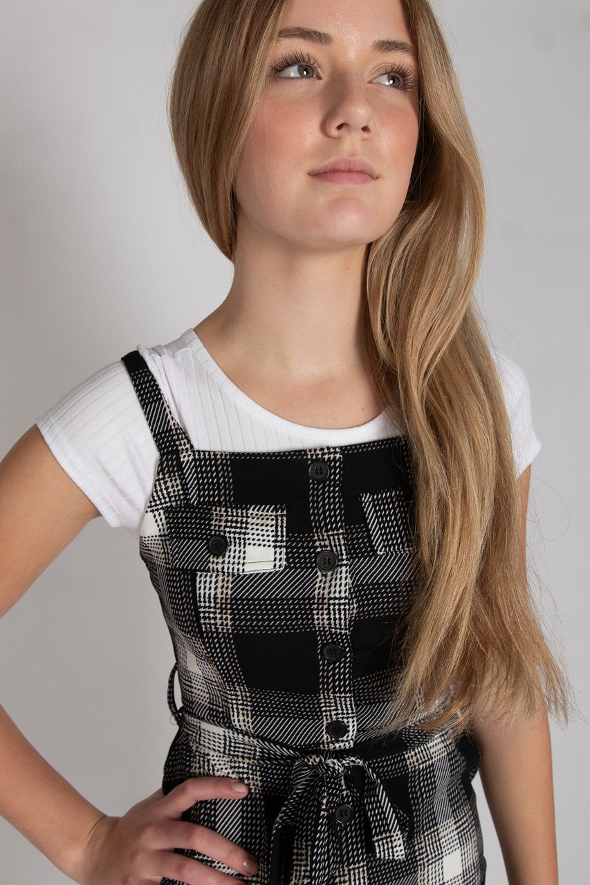 Button Front Plaid Mini Dress With Tee
