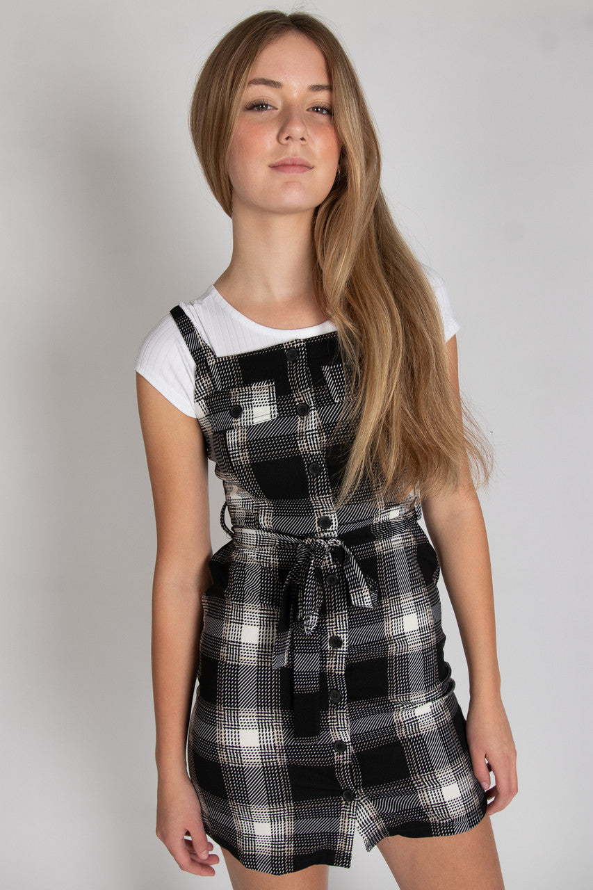 Button Front Plaid Mini Dress With Tee