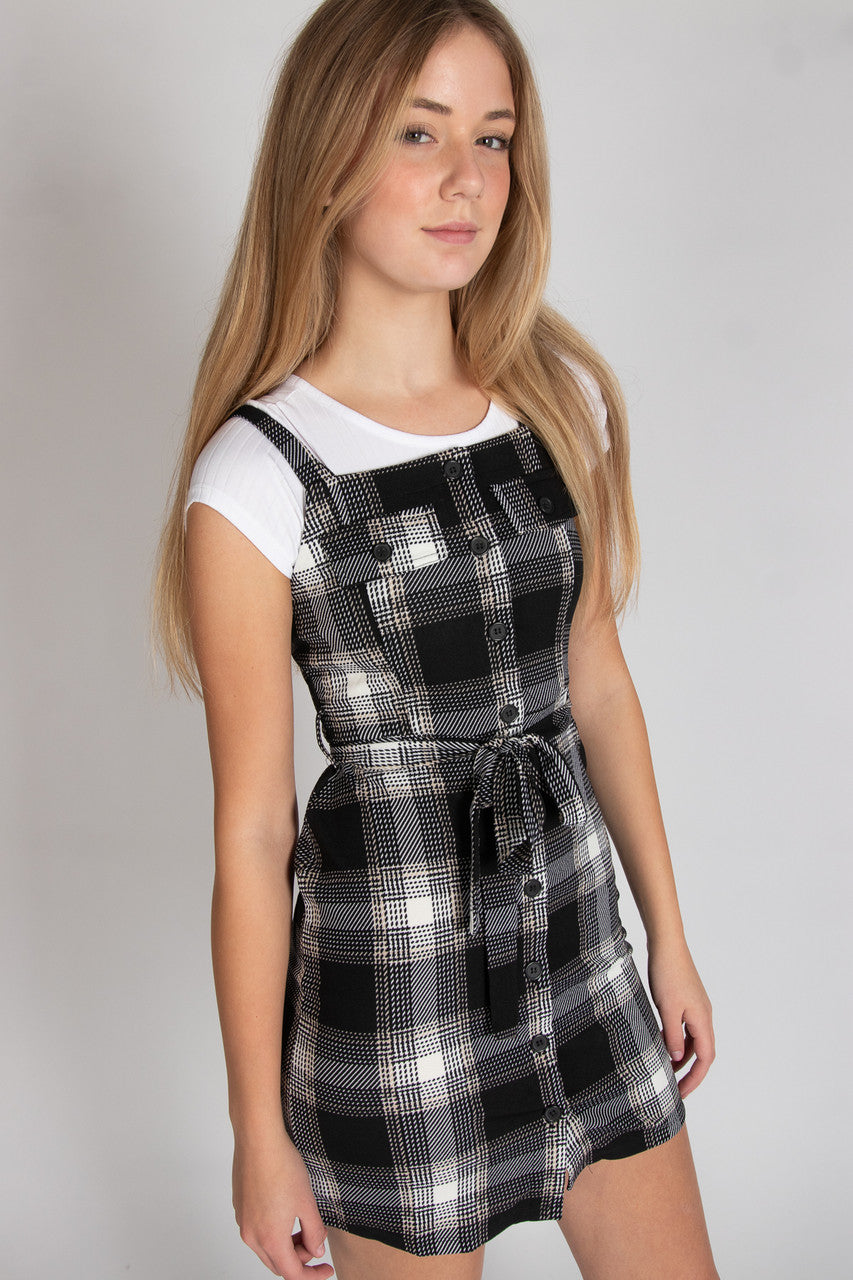 Button Front Plaid Mini Dress With Tee