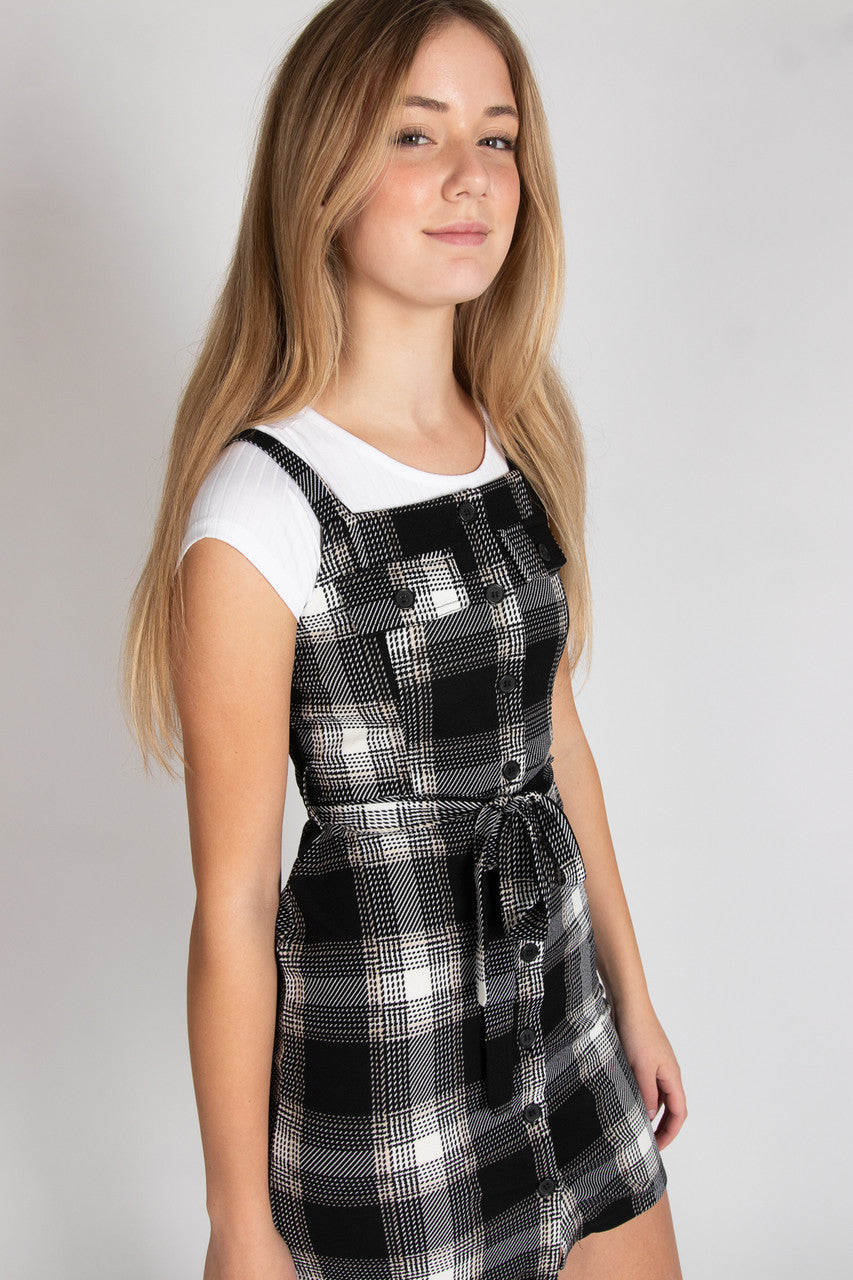 Button Front Plaid Mini Dress With Tee