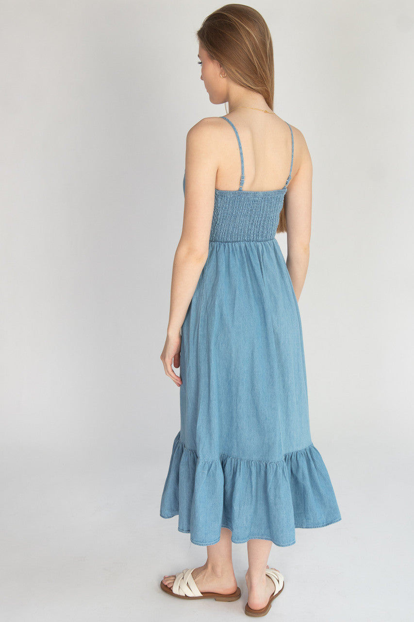 Smocked Bodice Chambray Maxi Dress