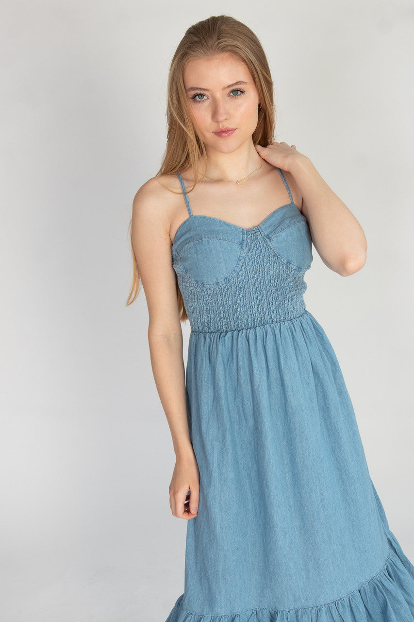 Smocked Bodice Chambray Maxi Dress