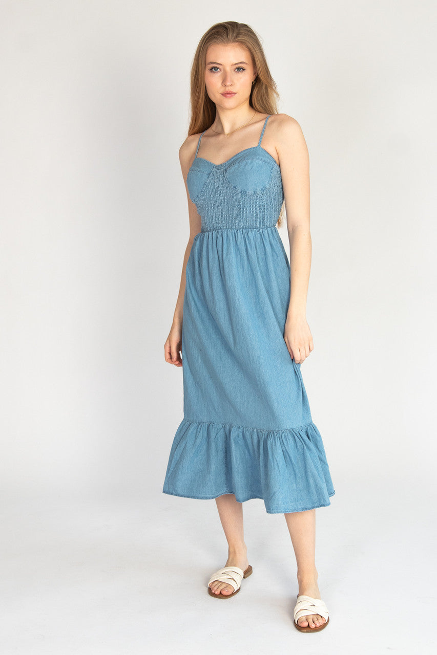 Smocked Bodice Chambray Maxi Dress