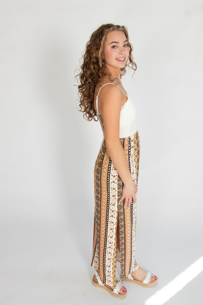 Lace Top Printed Pattern Maxi Dress