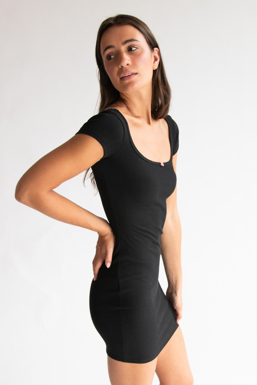 Square Neck Rose Bud Ribbed Mini Dress