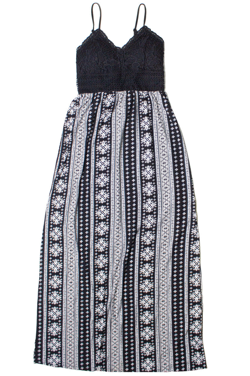 Lace Top Border Print Maxi Dress