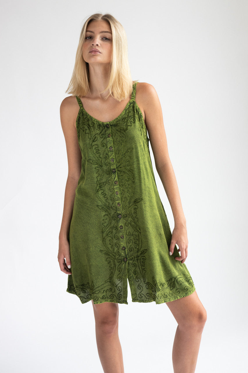 Embroidered Stone Washed Mini Dress