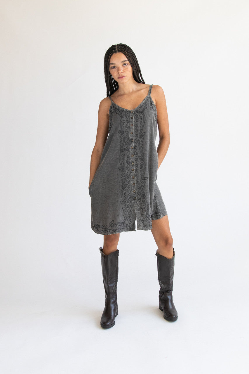 Embroidered Stone Washed Mini Dress