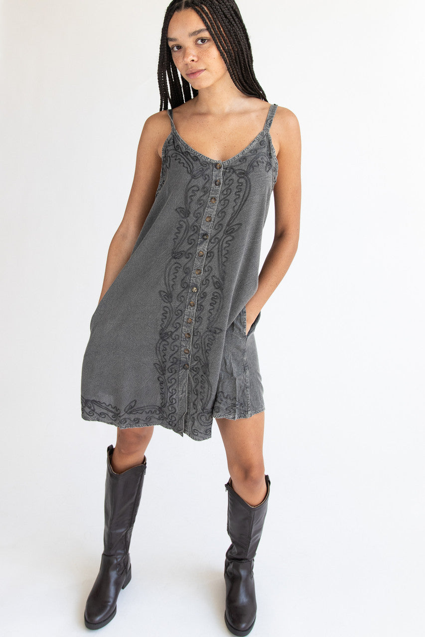 Embroidered Stone Washed Mini Dress