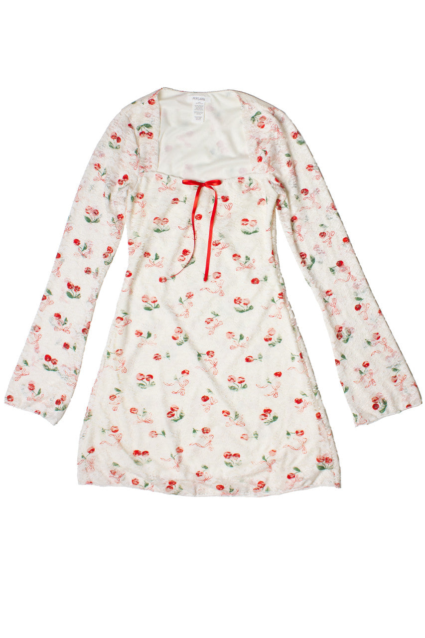 Lace Cherry Bow Long Sleeve Mini Dress