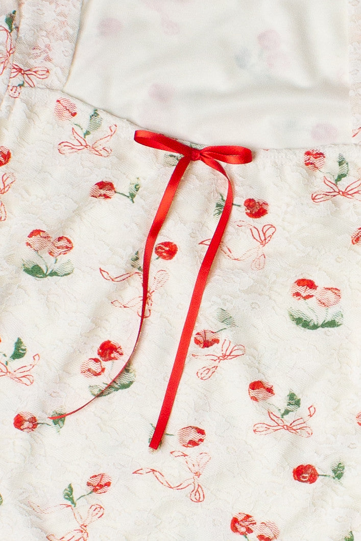 Lace Cherry Bow Long Sleeve Mini Dress