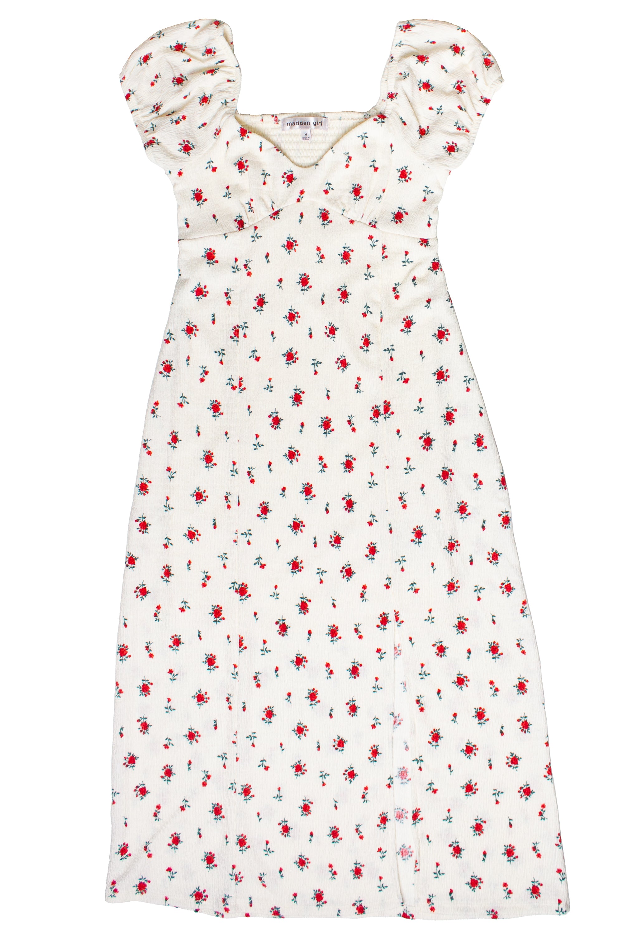 Rose Print Empire Waist Puff Sleeve Dress