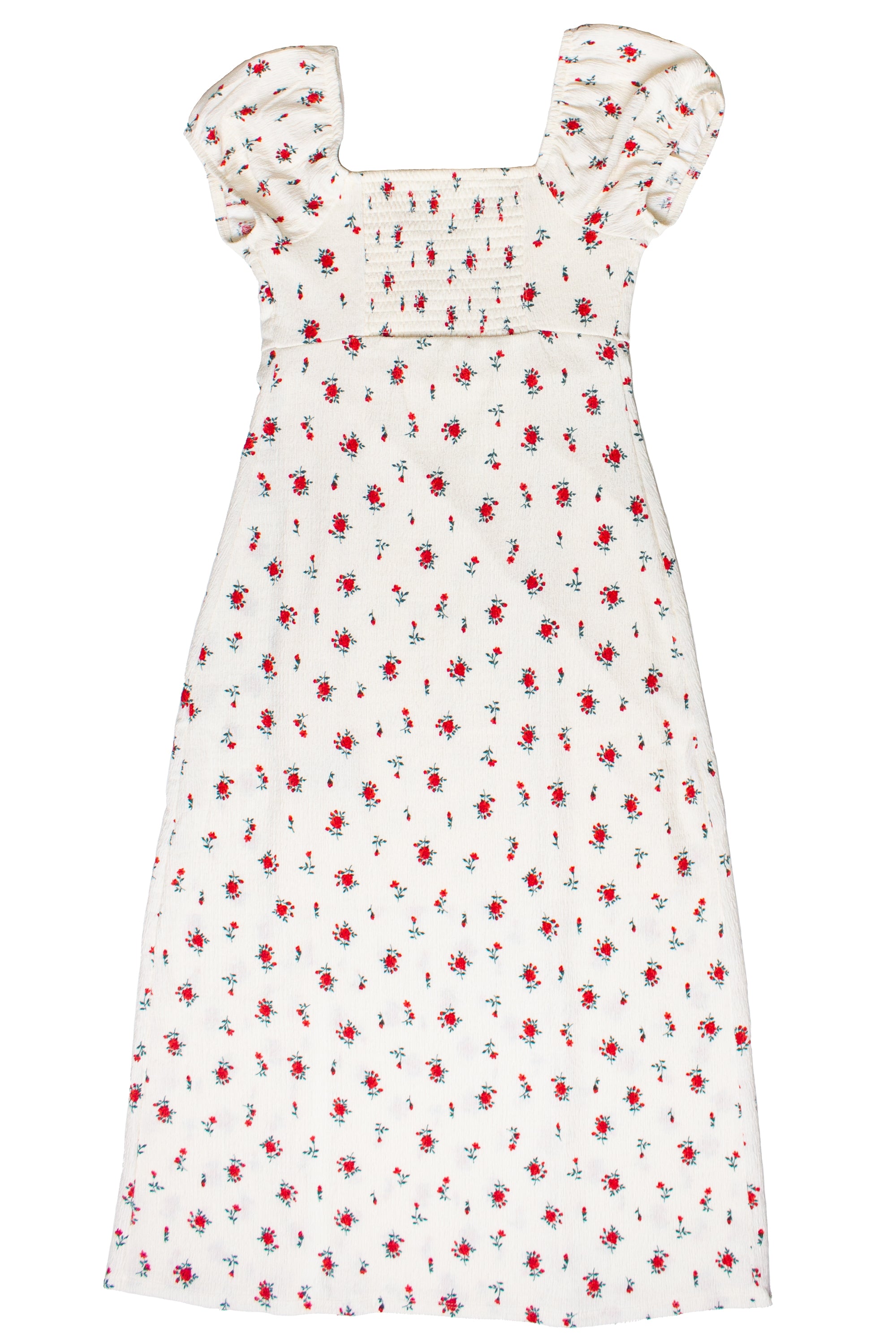 Rose Print Empire Waist Puff Sleeve Dress