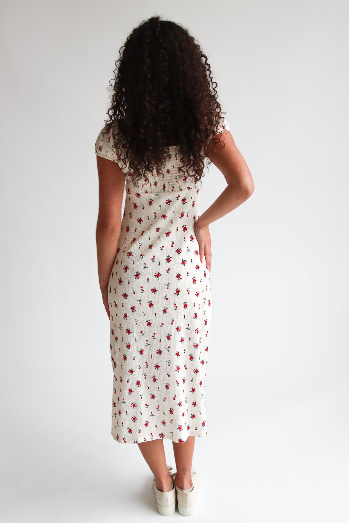 Floral Puff Sleeve Midi Dress with Slit Back View