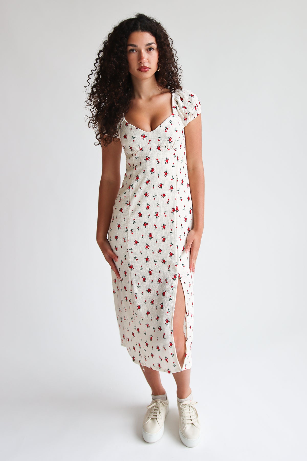 Floral Puff Sleeve Midi Dress with Slit Front View
