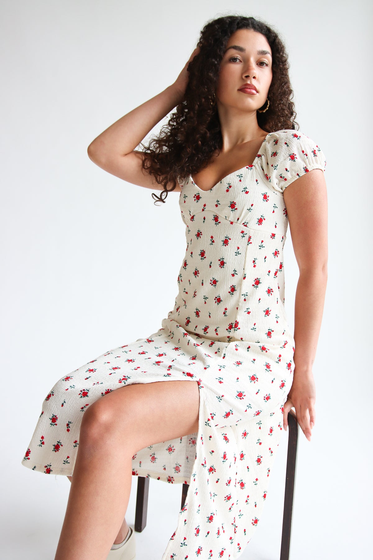 Floral Puff Sleeve Midi Dress with Slit