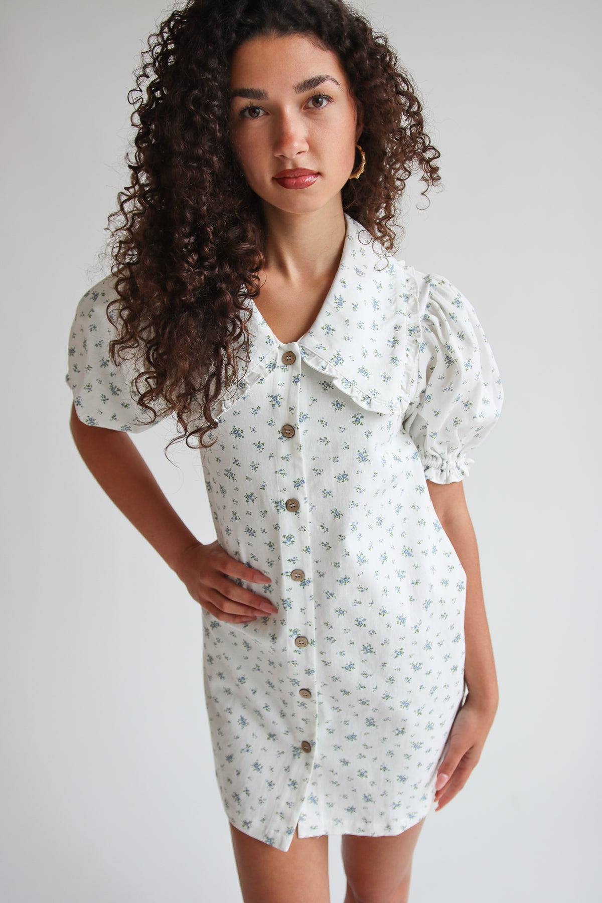 Floral Peter Pan Collar Denim Dress White