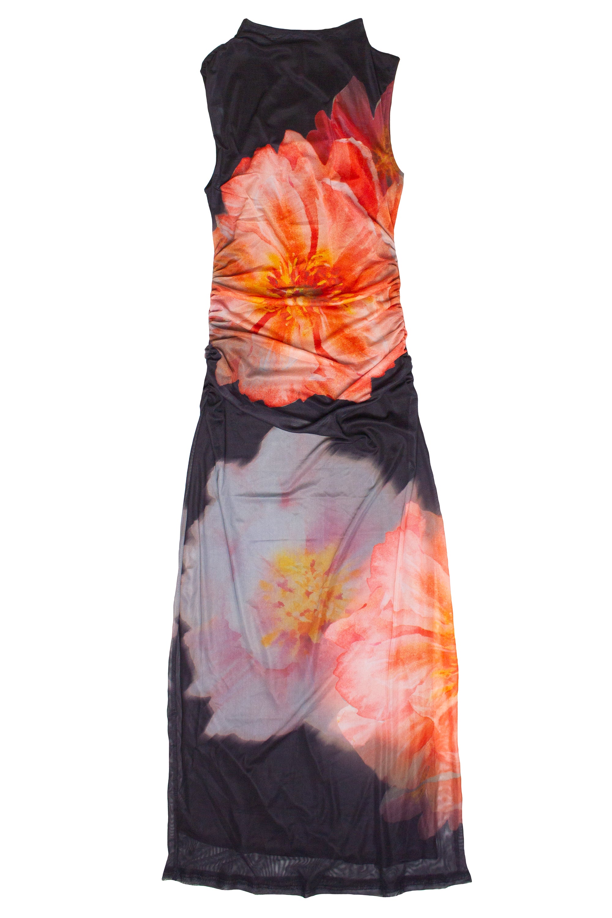 Flower Mock Neck Mesh Maxi Dress