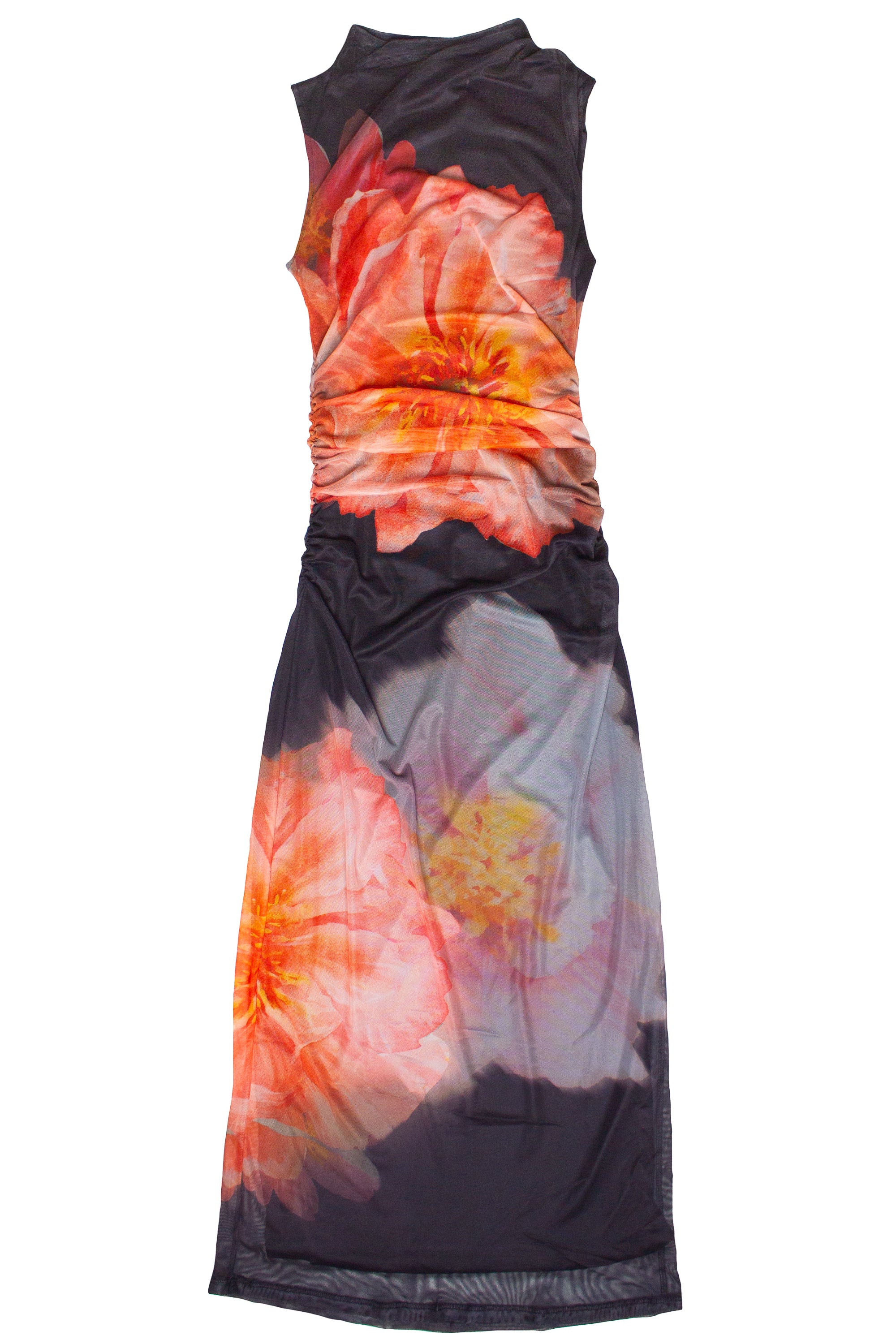 Flower Mock Neck Mesh Maxi Dress