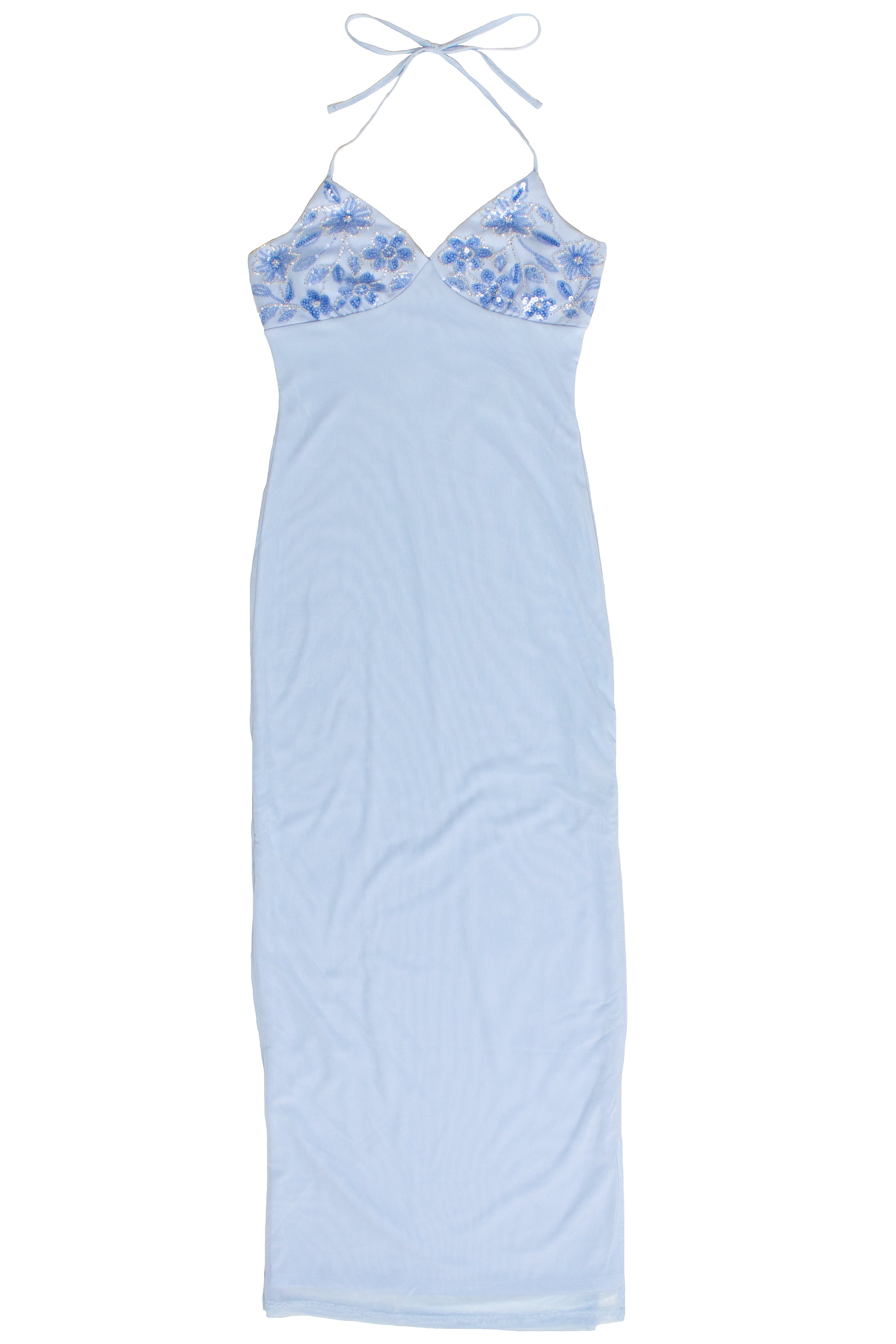 Sequin Beaded Halter Maxi Dress - Light Blue
